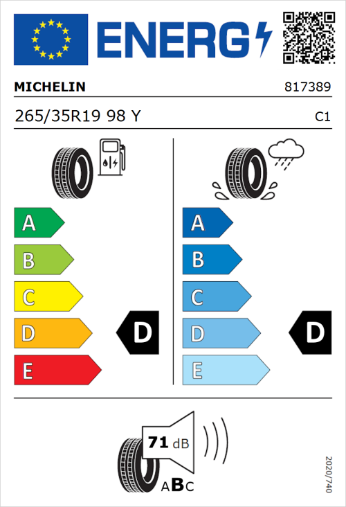 Tyre Label for Michelin Pilot Sport Cup 2 265/35R19 98Y