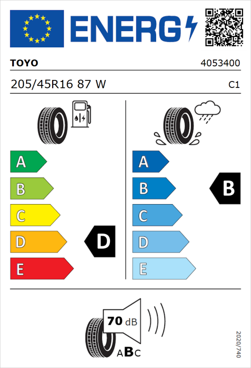 Tyre Label for Toyo Proxes TR1 205/45R16 87W
