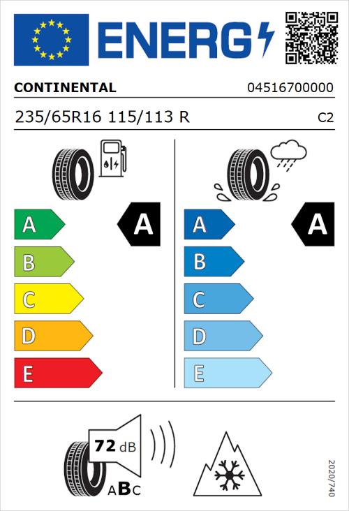 Tyre Label for Continental VanContact Eco 235/65R16 115/113R