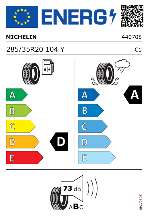 Tyre Label for Michelin Pilot Sport 3 285/35R20 104Y